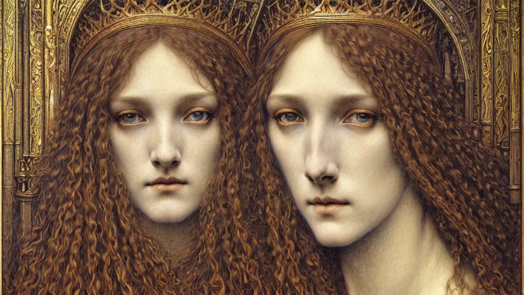 Image similar to detailed realistic beautiful young medieval queen face portrait by jean delville, gustave dore and marco mazzoni, art nouveau, symbolist, visionary, gothic, pre - raphaelite. horizontal symmetry