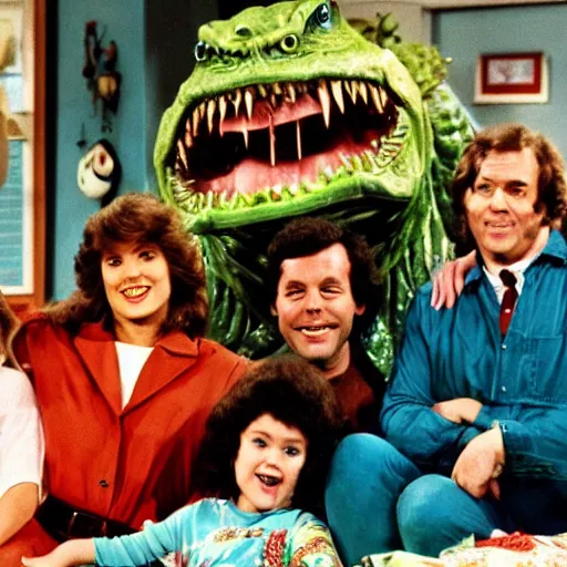 Image similar to vintage 1 9 8 0's sitcom, a happy photogenic family and a large giant evil wet slimy detailed monstrous demon creature inside a 1 9 8 0's sitcom living room