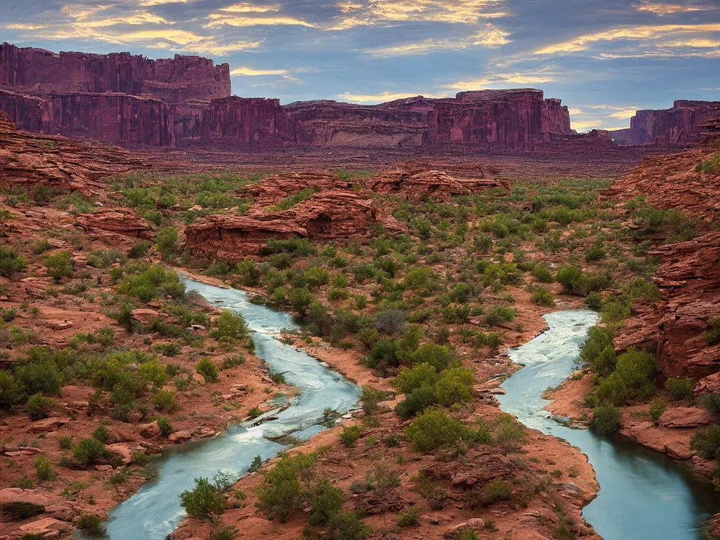 Image similar to “a river running through a canyon surrounded by desert mountains, moab, utah, a tilt shift photo by Frederic Church, trending on unsplash, hudson river school, photo taken with provia, national geographic photo, tilt shift”