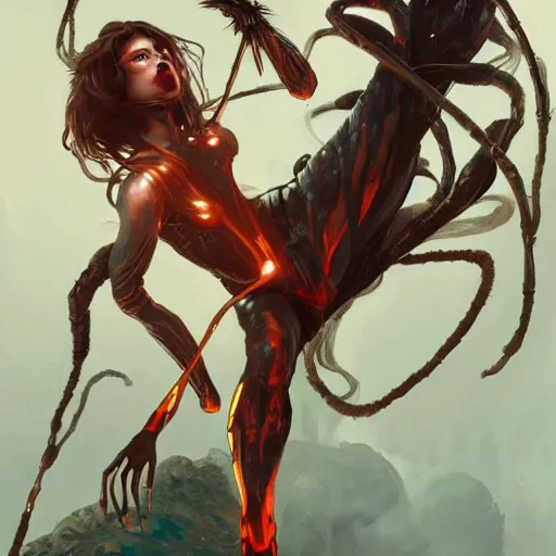 Image similar to A portrait painting of a spider woman with giant spider legs and hair needles crawling out of a volcano, illustration, detailed, award-winning, trending on artstation, by artgerm and Greg Rutkowski and Alphonse Mucha H-768