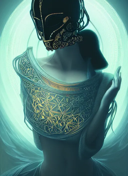 Prompt: centered portrait of a beautiful masked woman wearing a venetian mask, intricate concept art, ethereal, highly detailed, artstation, smooth, cyberpunk darksynth, cinematic, mist, dramatic neon lighting, illuminated lines, outrun, vaporware, by ruan jia and ilya kuvshinov and liam wong and alphonse mucha