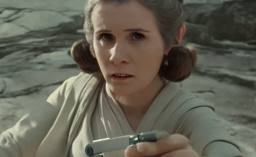 Image similar to screenshot portrait Leia learning to use a lightsaber at a new Jedi Temple scene from the last jedi, 1970s film by Stanley Kubrick, serene, iconic scene, stunning cinematography, hyper detailed, sharp, anamorphic lenses, kodak color film, 4k