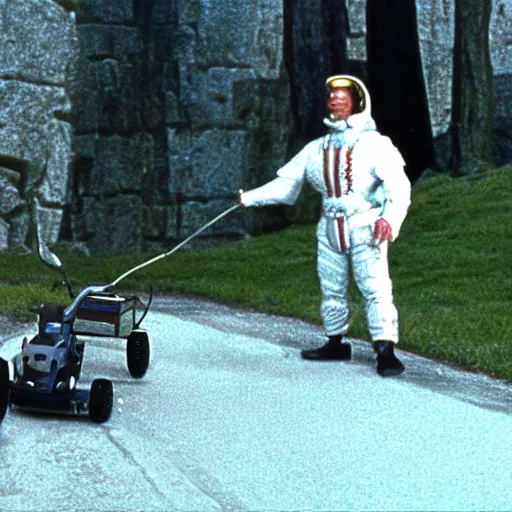 Image similar to Hank Hill as Ulrich von Liechtenstein in A Knight’s Tale, riding a lawn mower, on the moon, film still, anamorphic