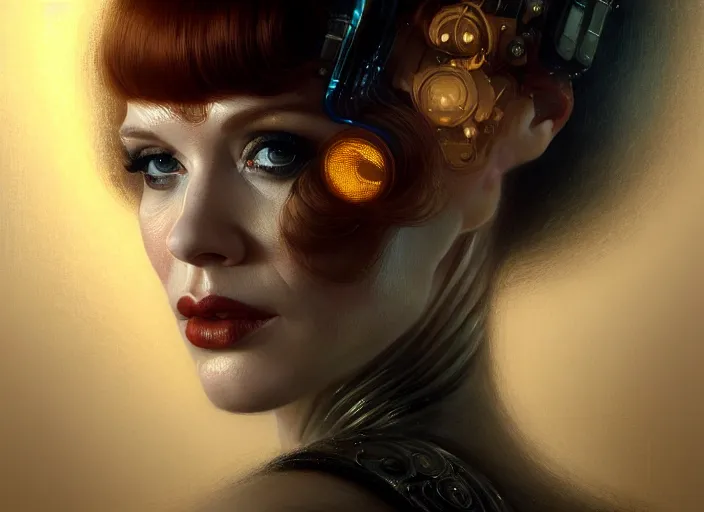 Image similar to portrait shot of christina hendricks in bladerunner wearin a cyberpunk costume, intricate, elegant, highly detailed, centered, digital painting, artstation, concept art, smooth, sharp focus, illustration, artgerm, tomasz alen kopera, peter mohrbacher, donato giancola, joseph christian leyendecker, wlop, boris vallejo