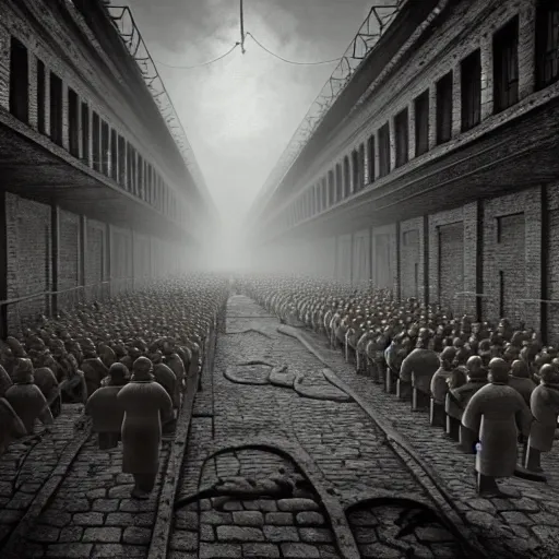 Image similar to the holocaust in roblox, photo from 1940s, very detailed, fantasy, dramatic, intricate, elegant, highly detailed, digital painting, artstation, concept art, smooth, sharp focus, illustration, art by Gustave Dore, octane render