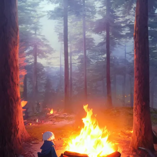 Image similar to yuru camp anime campfire hyperdetailed blue eyes, trending on artstation, cinematic lighting, highly realistically detailed, trending on pixiv , Unreal Engine 4k, detailed faces, manga cover, official anime key visual by greg rutkowski