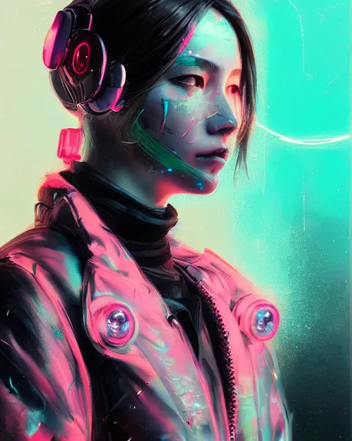 Image similar to detailed side profile portrait Neon Operator Girl, cyberpunk futuristic neon, reflective puffy coat, decorated with traditional Japanese ornaments by Ismail inceoglu dragan bibin hans thoma greg rutkowski Alexandros Pyromallis Nekro Rene Maritte Illustrated, Perfect face, fine details, realistic shaded, fine-face, pretty face