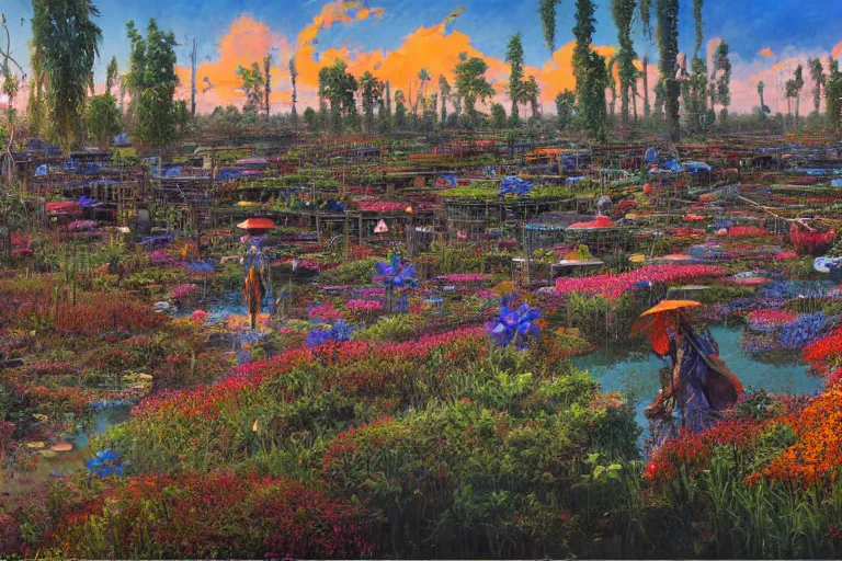 Prompt: oil painting, super - detailed scene akira, twilight junkyard, louisiana swamps, indigo blooming flowers garden, japanese sci - fi books art, artwork by jean giraud, hd, 4 k, high quality