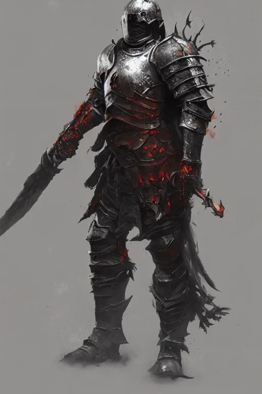 Image similar to a full body character design of an undead knight, flaming, burnt armor, flaming sword dark, high detail, gritty texture, Artstation, Ruan Jia, Craig Mullins