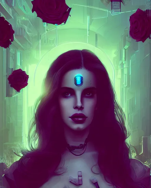 Image similar to portrait of lana del rey as a cyberpunk cyborg. roses, sci - fi, missing panels, intricate abstract, upper body, intricate artwork, by tooth wu, wlop, beeple, dan mumford. concept art, 8 k octane render, deviantart, greg rutkowski, cinematic, key art, hyperrealism, iridescent accents