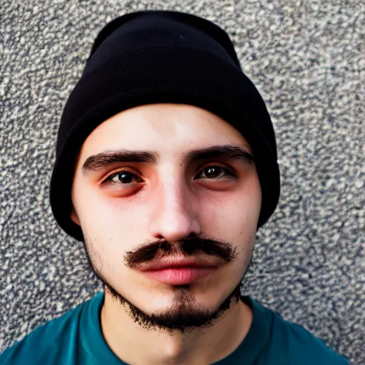 Prompt: a portrait of a 19 year old italian man. he has a mustache, and a beanie on.