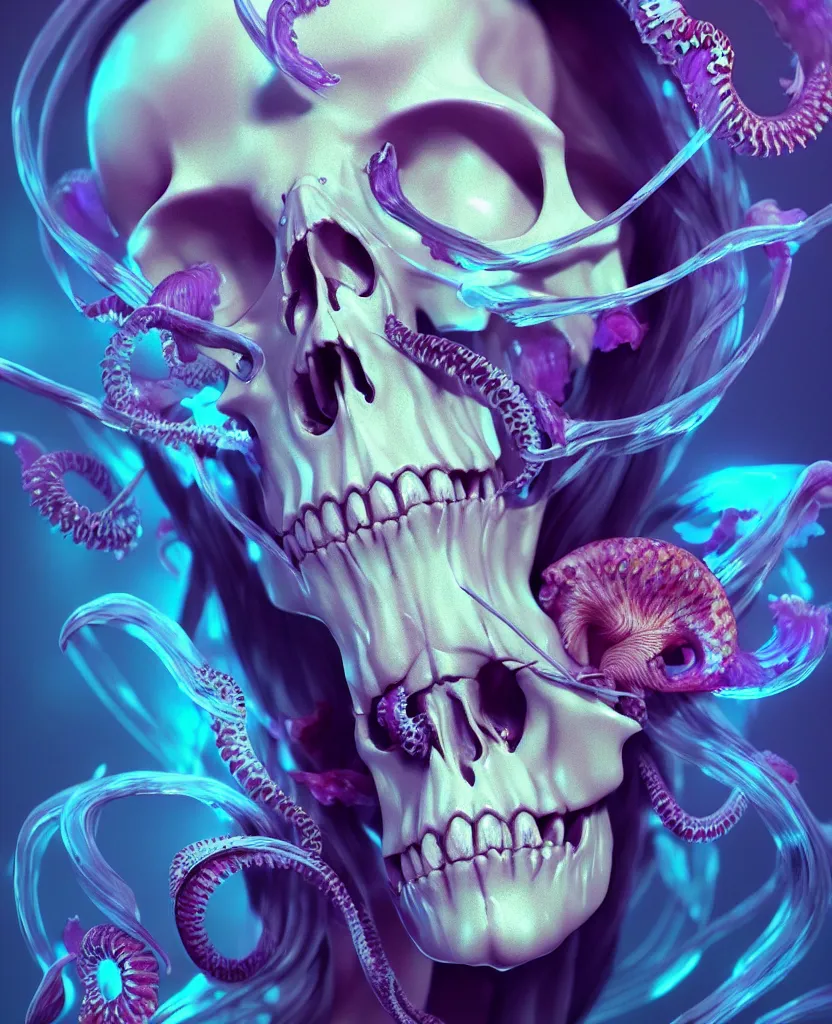 Image similar to goddess close - up portrait human skull, ram skull, squid phoenix jellyfish, orchid, betta fish, bioluminiscent, intricate artwork by tooth wu and wlop and beeple. octane render, trending on artstation, greg rutkowski very coherent symmetrical artwork. cinematic, hyper realism, high detail, octane render, 8 k