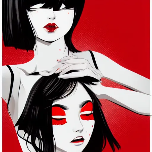 Image similar to a woman with black hair and a red and white background, vector art by Ilya Kuvshinov, featured on deviantart, shock art, ilya kuvshinov, official art, anime