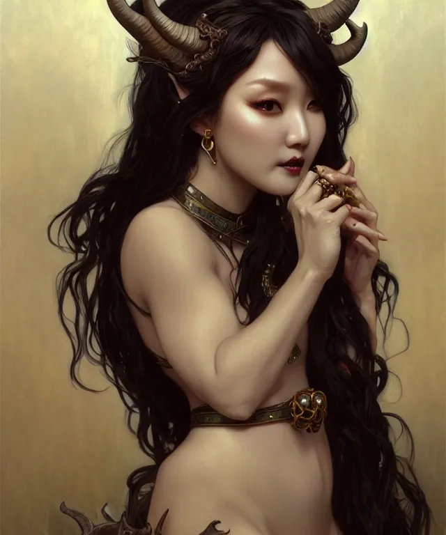 Image similar to hwasa as a richly-dressed gothic female fantasy satyr with goat horns, portrait, fantasy, intricate, elegant, highly detailed, digital painting, artstation, concept art, smooth, sharp focus, illustration, art by artgerm and greg rutkowski and alphonse mucha