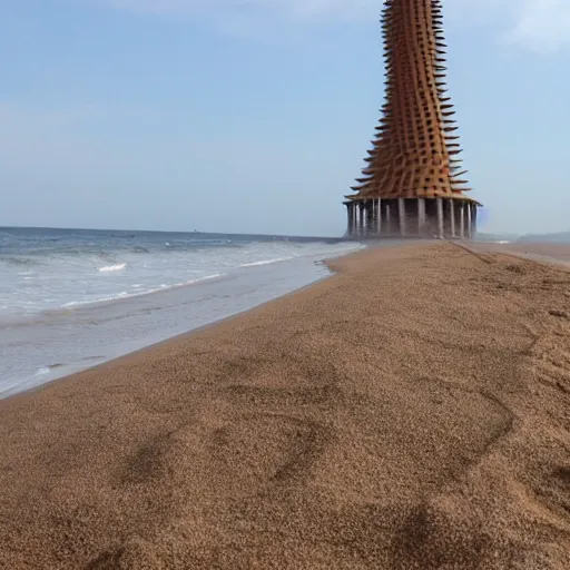 Prompt: a tower of sand on the beach that's taller than the people around it