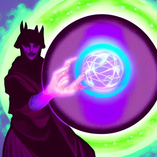 Prompt: a warlock is casting a magic spell, while magic orb is floating in his hand, the magic orb emit a purple vapour, dynamic pose, chromatic aberration , medium level shot, Mucha style , Grim fantasy, illustration ,digital painting, concept art,