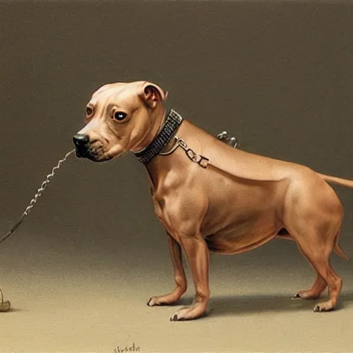 Image similar to a hyperrealistic painting of a steampunk pitbull dog, by john kenn mortensen, highly detailed,