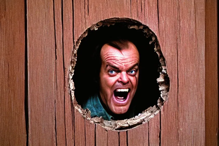 Prompt: A close-up portrait of Jack Nicholson's manic wide-eyed crazy face peeking through a hole in a torn wooden door, film still from The Shining by Stanley Kubrick, Eastman Color Negative II 100T 5247/7247, ARRIFLEX 35 BL Camera, 1:37:1 ratio
