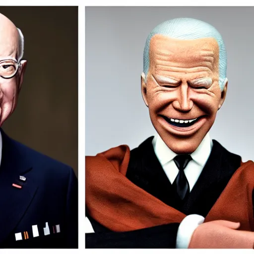 Image similar to UHD candid color photo of 'Klaus Schwab wearing Nazi uniform' holding a 'ventriloquist dummy of Joe Biden', accurate faces, UHD, photorealistic, correct face, photo by Annie Leibowitz