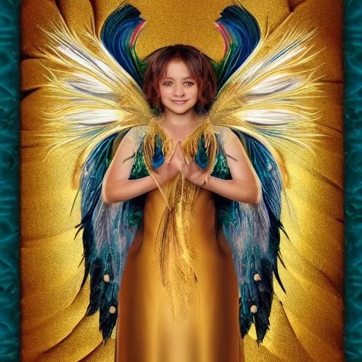 Prompt: beautiful angel with peacock feather ,golden armor