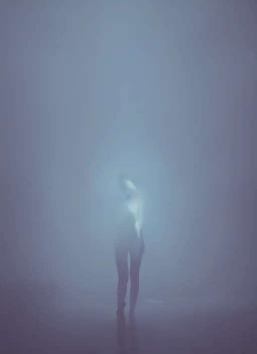 Image similar to a dark female silhouette, glowing aura, fog, film grain