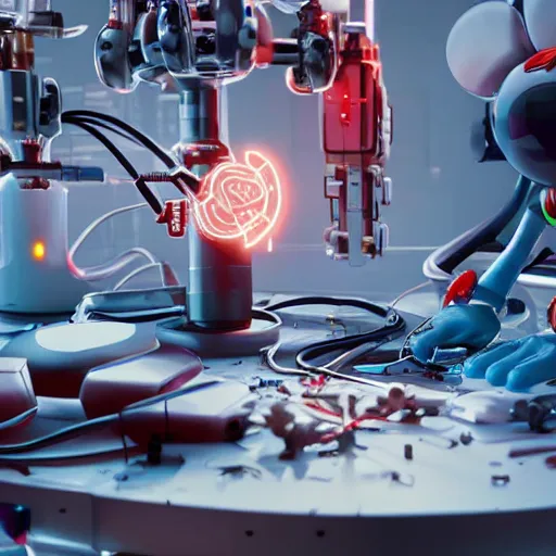 Image similar to a cybertronic mickey mouse being dissected by a group of network executives, on an operating table, octane render, cgstation, 3 d render, very detailed, mindblowing, blood and guts, gritty, cyberpunk