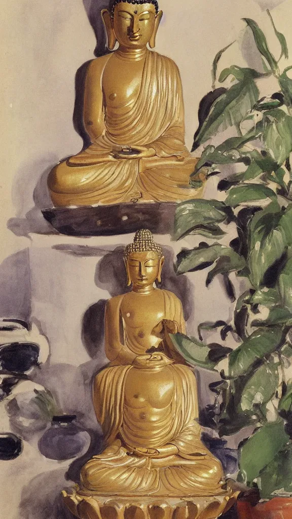 Image similar to a huge buddha rabbit god statue beside a persian pot by john singer sargent