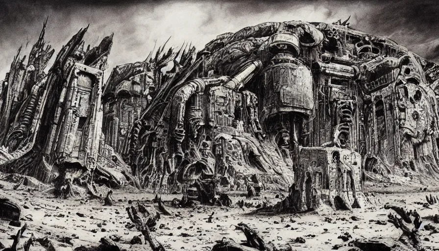 Prompt: comic book drawing of a desolate colony on mars by simon bisley, hr giger and beksinski, ink, detailed, clean lines