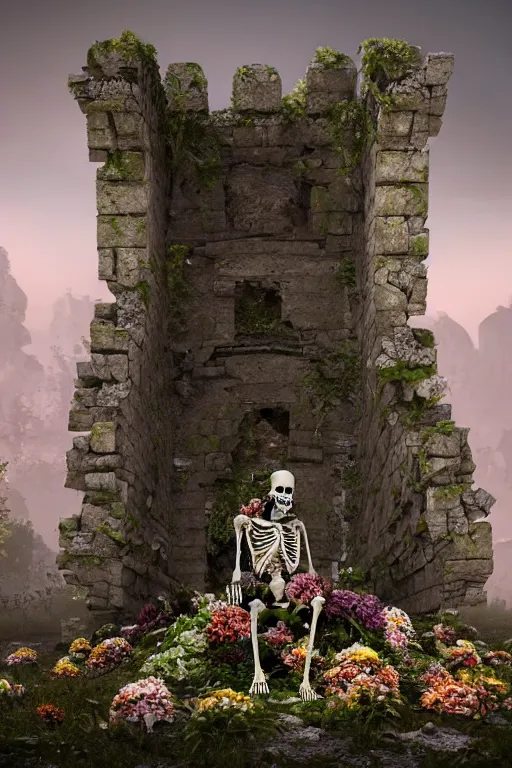 Image similar to a human skeleton full of flowers sitting in a destroyed and ruined throne in a ruined castle at sunrise, concept art, octane render, unreal engine 5, trending on Artstation, high quality, 8K, soft lighting, trending on DeviantArt, highly detailed, digital art, hyperrealistic, path traced, godrays, complementary colors, natural lighting, anatomically correct, five fingers