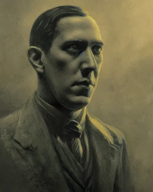 Prompt: portrait of a 1 9 2 0 s h p lovecraft with a miniature cthulhu perched on his shoulder, scholarly appearance, detailed face, 2 0 th century, highly detailed, cinematic lighting, digital art painting by greg rutkowski