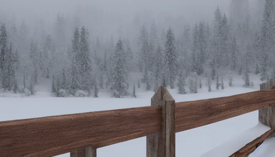 Image similar to wooden guardrails covered by snow in beautiful winter landscape. fog, snowstorm, photorealistic rendering, octane, depth of field, blurry