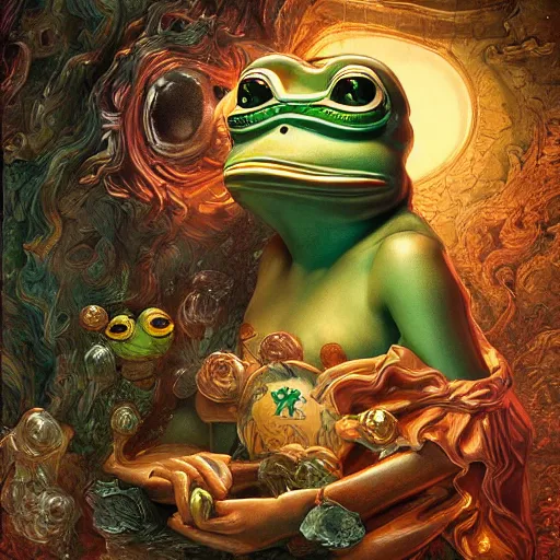 Image similar to plasticine wet shiny angles, crystal, moonlit, mirrors, camera angled dramatically, realistic hyperdetailed design of pepe the frog meme, ferocious, chinese mythology, victo nga, fumo yoshitoshi, ren jing jeong, feifei ruan, peter mohrbacher, takato yamamoto