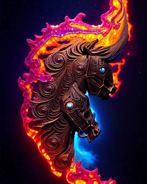 Image similar to 3 d ornate carved dark cosmic horse with profile portrait, sigma 5 0 0 mm f / 5. beautiful intricate highly detailed horse skull. bioluminescent, plasma, lava, ice, water, wind, creature, thunderstorm! artwork by tooth wu and wlop and beeple and greg rutkowski, 8 k trending on artstation