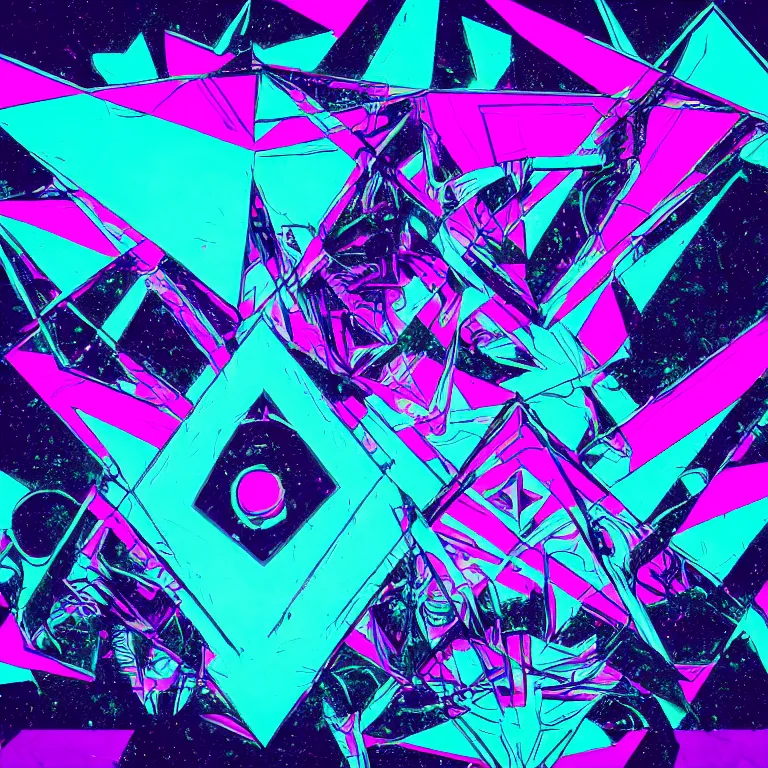 Prompt: the illuminati\'s all seeing eye, synthwave neon dark album cover design, digital art