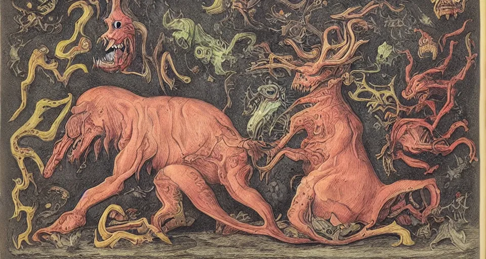 Image similar to bizarre bestiary of repressed unconscious emotional monsters and creatures