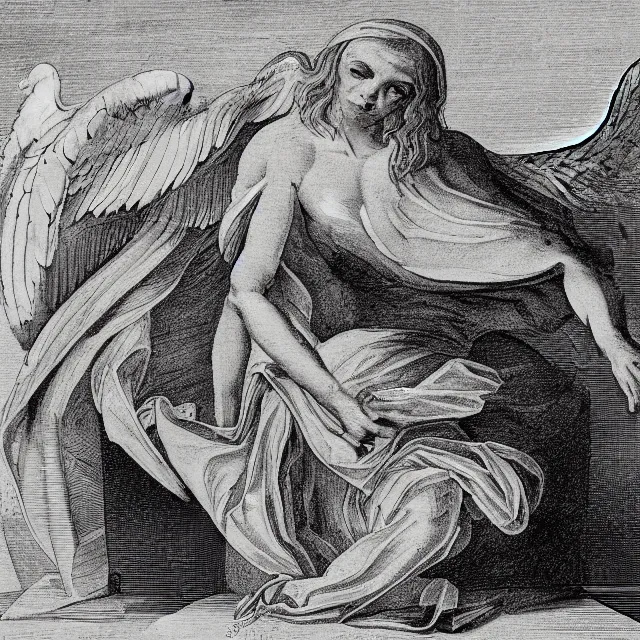 Prompt: autopsy dissection of an angel, 18th century illustration, black and white, concept art