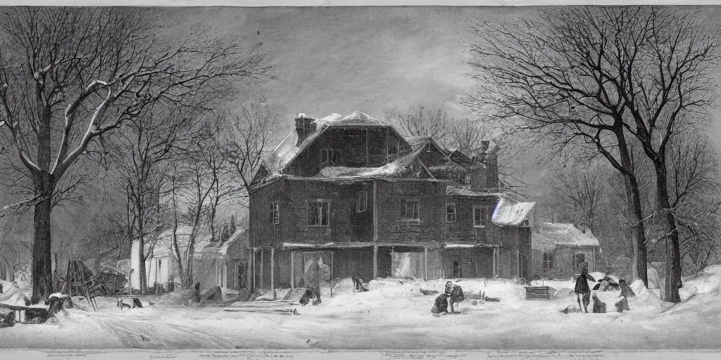 Image similar to a house in construction during a severe winter, by george henry durrie