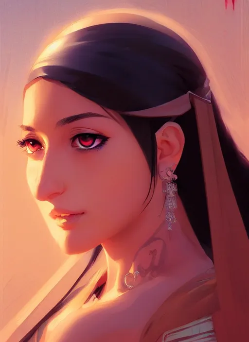 Image similar to a comic portrait of an arab goddess, fine - face, realistic shaded perfect face, fine details. night setting. very anime style. realistic shaded lighting poster by ilya kuvshinov katsuhiro, magali villeneuve, artgerm, jeremy lipkin and michael garmash, rob rey and kentaro miura style, trending on art station