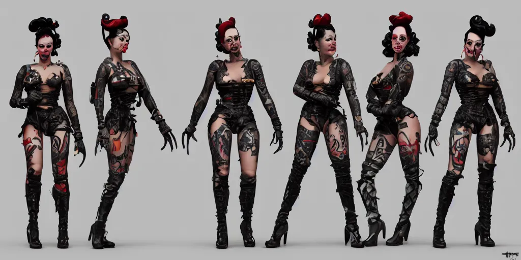 Image similar to armored tattoed rockabilly pinup warrior, character sheet, concept design, contrast, hot toys, kim jung gi, greg rutkowski, zabrocki, karlkka, jayison devadas, trending on artstation, 8 k, 3 d model, photo, realistic, octane render, ultra wide angle, pincushion lens effect