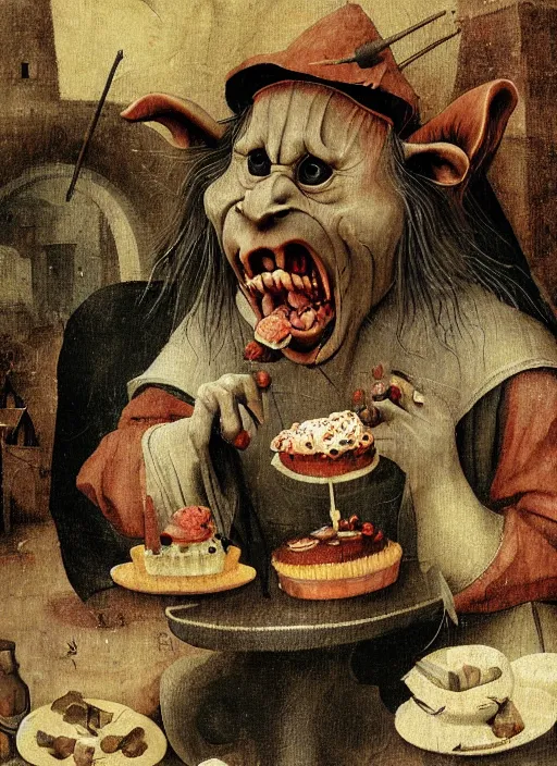 Image similar to medieval goblin eating cakes painted by hieronymus bosch, detailed digital art, trending on Artstation