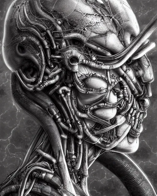 Image similar to Engineer from Prometheus by Yoshitaka Amano, by HR Giger, biomechanical, profile portrait, 4k, wide ayes, hyper detailed, hyperrealism, anime