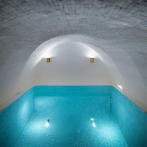 Image similar to a dimly lit underground pool made of white stone, rounded roof, curved architecture, surreal, liminal, eerie, minimalist, photo,