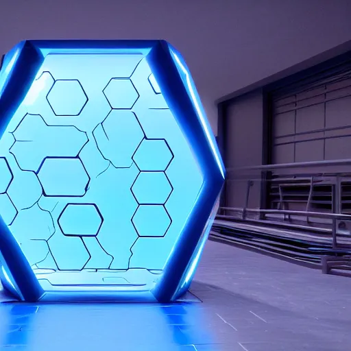 Image similar to a blue hexagonal door from the movie tron : legacy