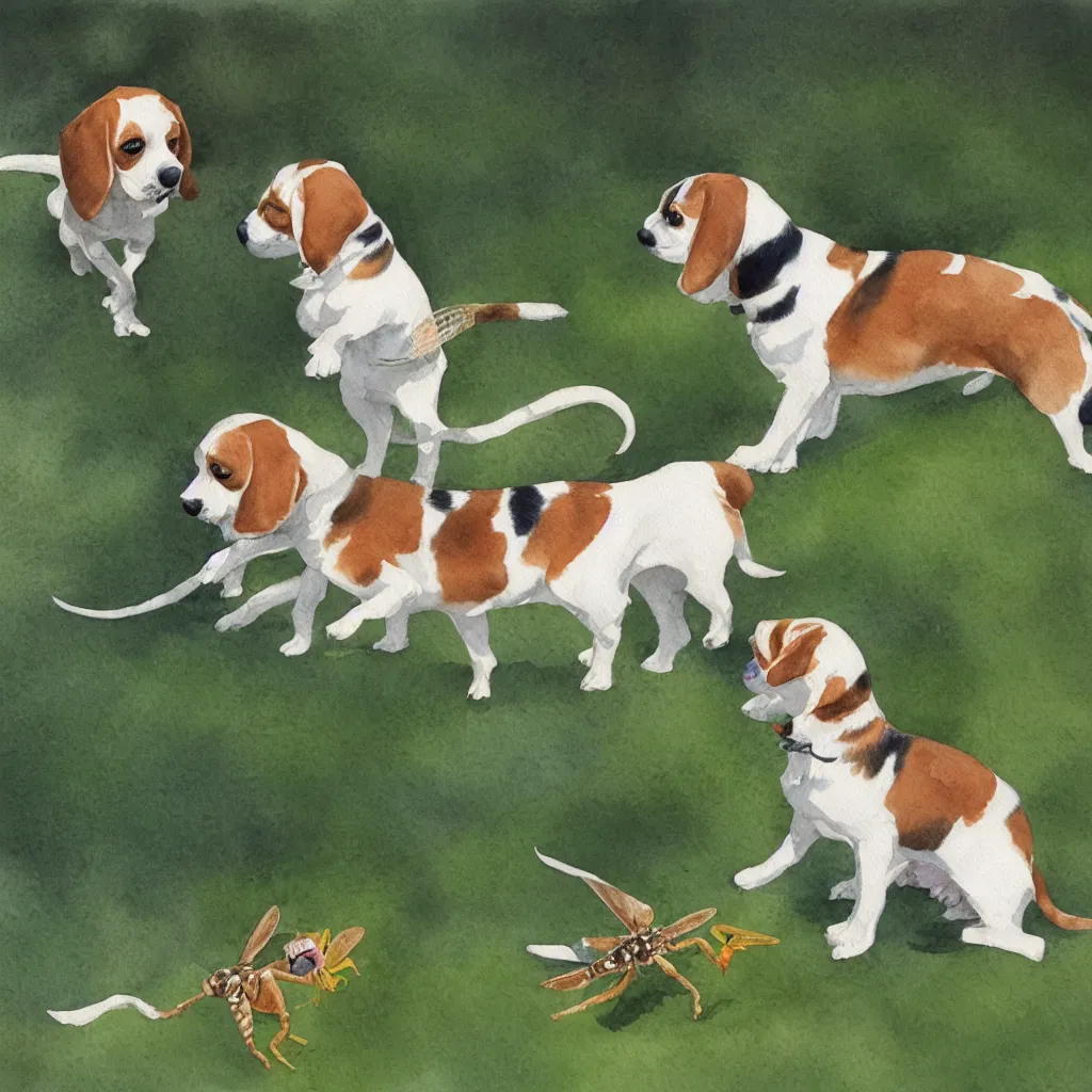 Image similar to water color painting of a white and caramel beagle dog playing with dragonfly in a backyard, harsh lighting, detailed, trending on artstation, dull pastel colors, bright, god rays, dreamy, trending on artstation