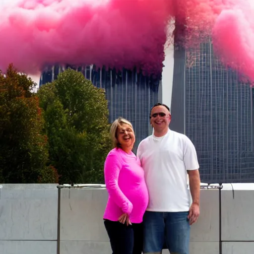 Prompt: a couple of parents to be, smiling in front of 9 / 1 1 with pink smoke