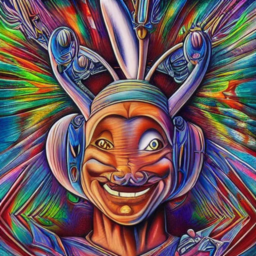 Image similar to Bugs bunny x holding an uzi painting by android jones in the style of cosmic christ by alex grey