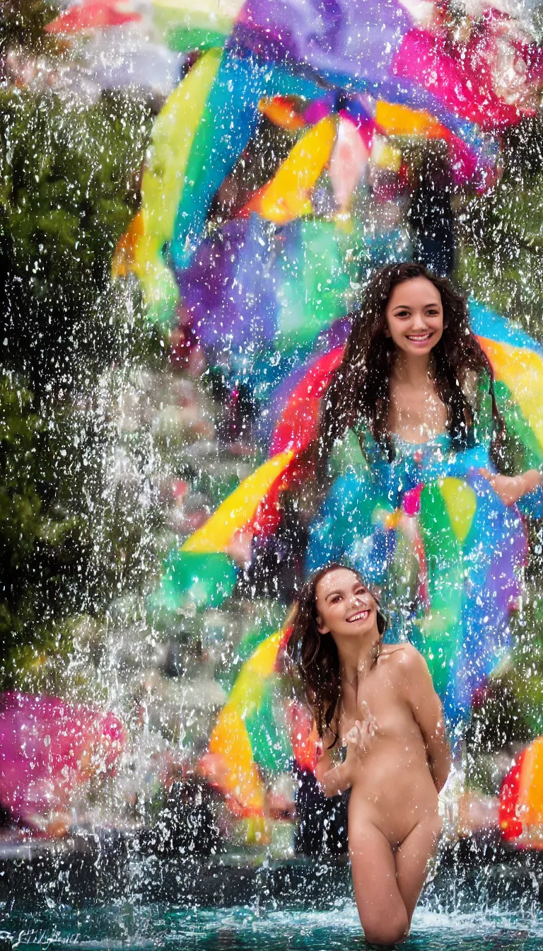 Prompt: Beautiful girl under the rainbow fountain,