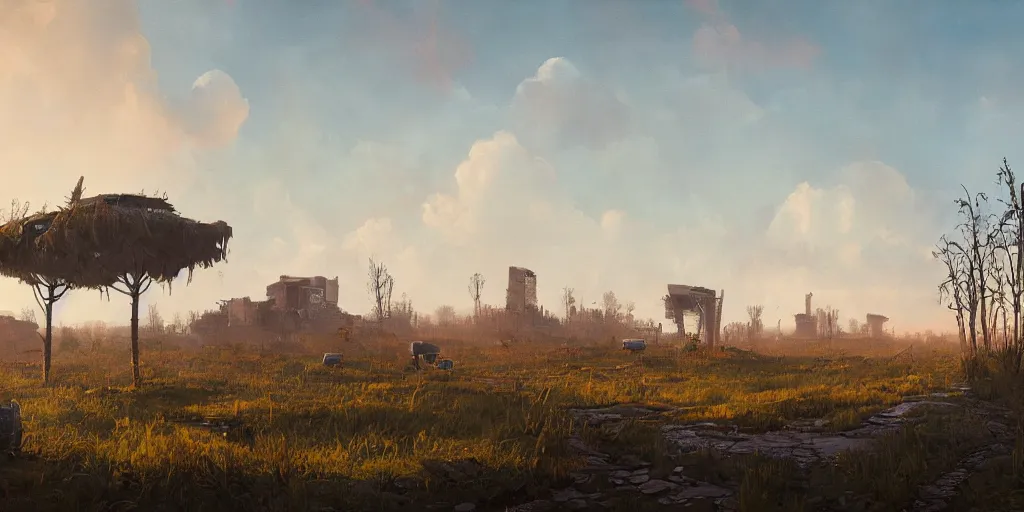 Image similar to abandoned civilisation at morning, landscape painted by simon stalenhag