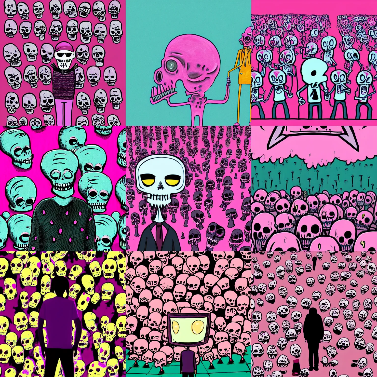 Prompt: a person standing in front of a group of creepy pink skulls, concept art by Michael DeForge, featured on deviantart, gothic art, hellish background, creepypasta, goth