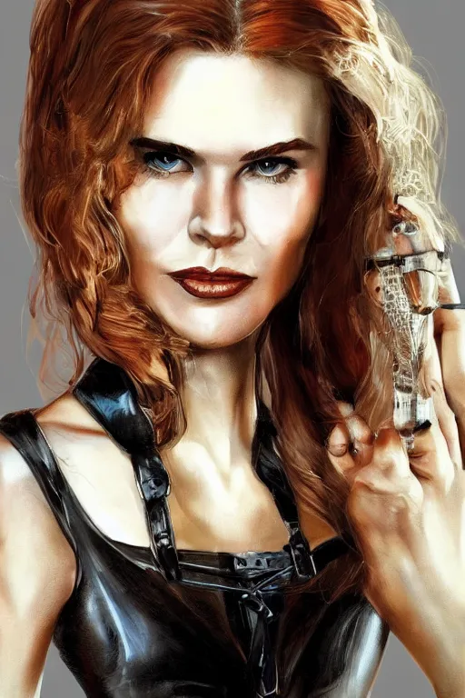 Image similar to mix of beautiful young maria shriver, mariel hemmingway, brooke shields, nicole kidman and elle macpherson as a dominatrix, thin lips, hair tied up in a pony tail, dark blonde hair, colorful, deviantart, artstation, cgsociety